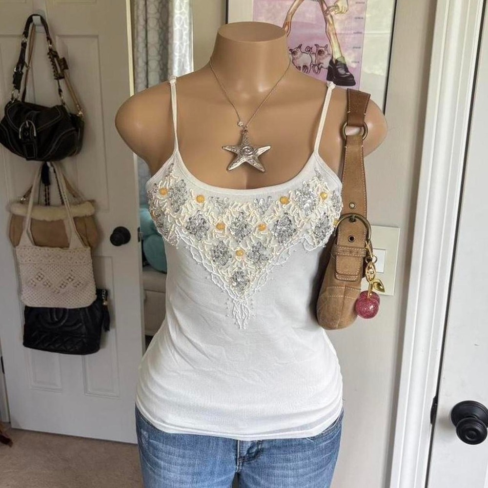 y2k 2000s fairy white beaded embellished cami euro top